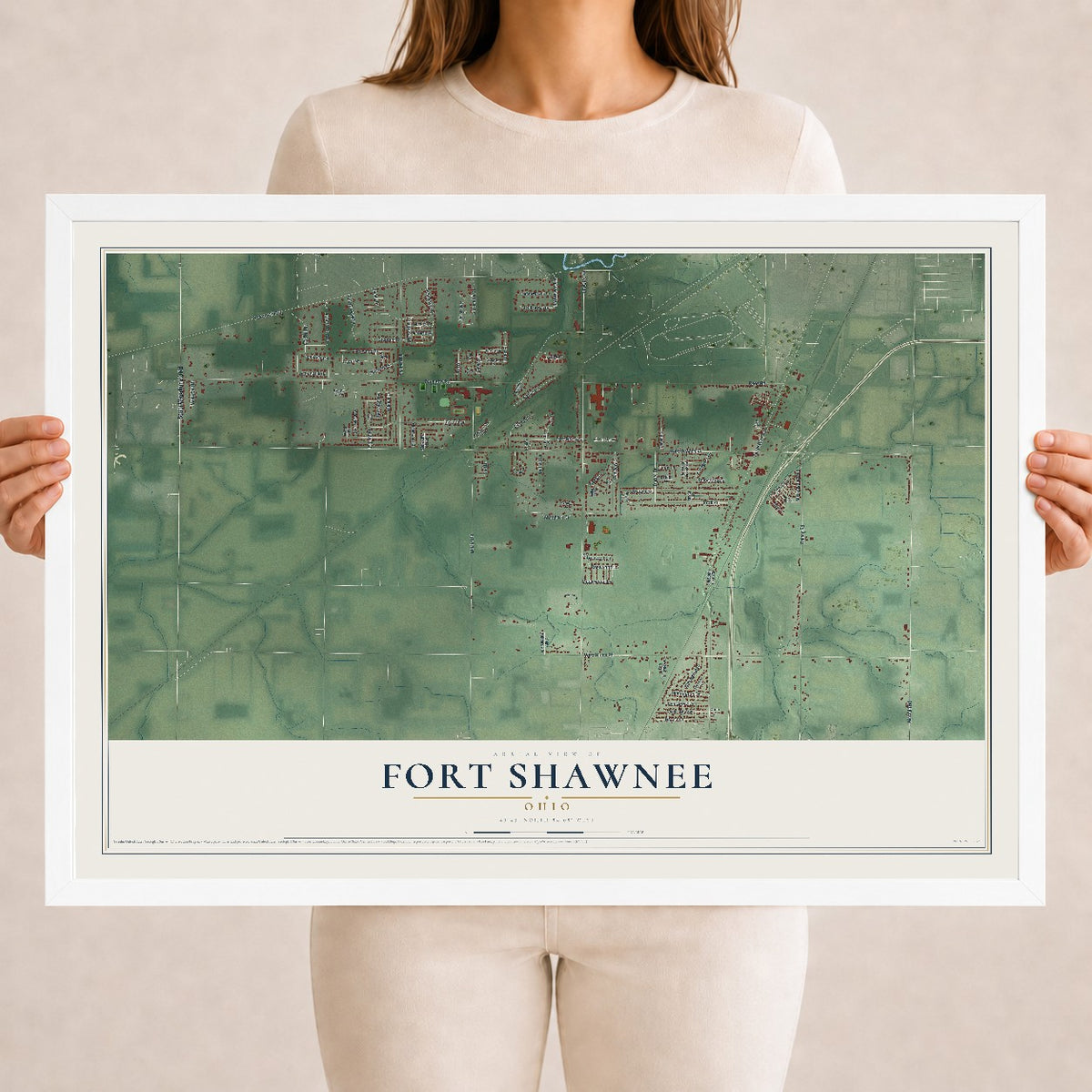 Map of Fort Shawnee, Ohio, 18 x 24 inch print in a white wood frame