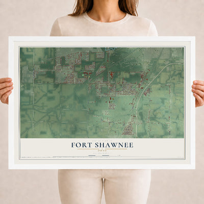 Map of Fort Shawnee, Ohio, 18 x 24 inch print in a white wood frame