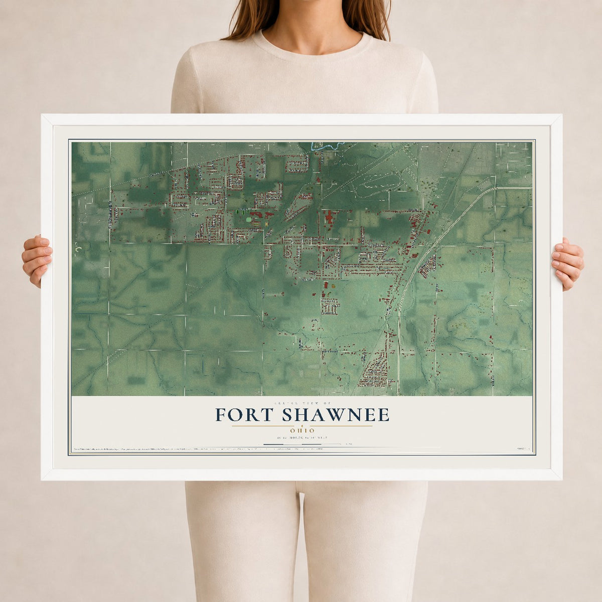Map of Fort Shawnee, Ohio, 24 x 36 inch print in a white wood frame