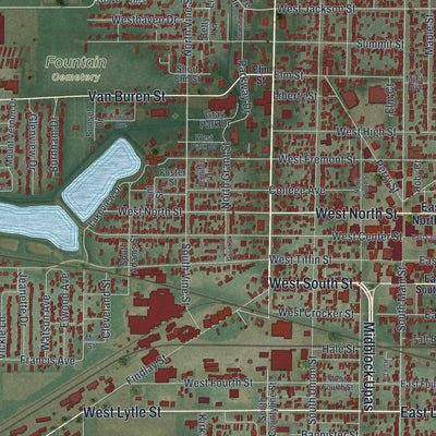 Close-up of the map of Fostoria, Ohio print showing street and building detail