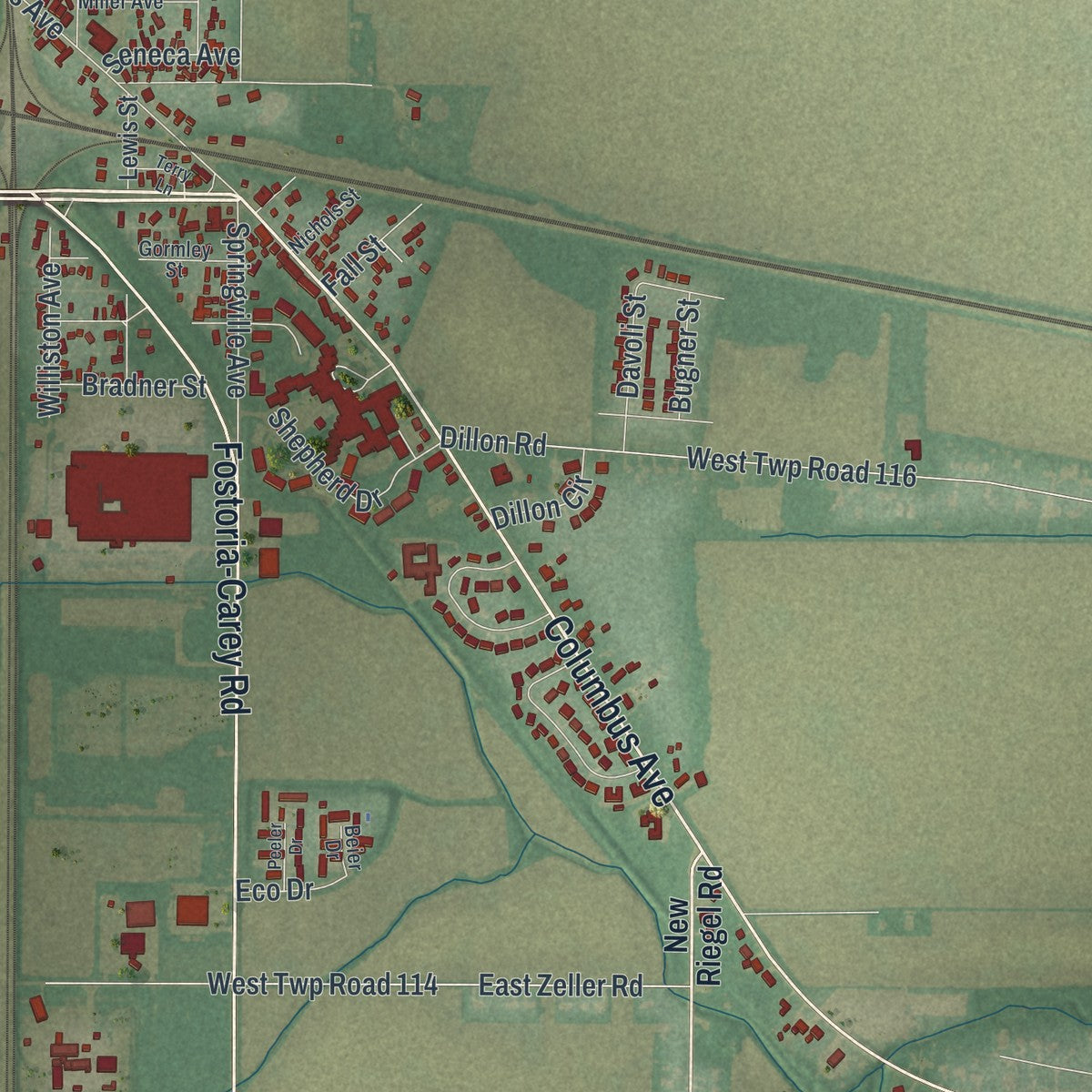 Second close-up of the map of Fostoria, Ohio print showing more streets and buildings