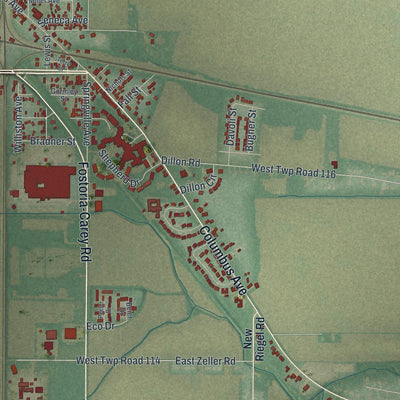 Second close-up of the map of Fostoria, Ohio print showing more streets and buildings