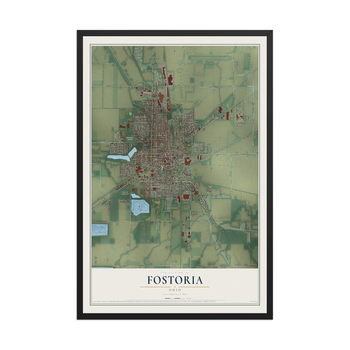 Map of Fostoria, Ohio, 12 x 18 inch print in a black wood frame