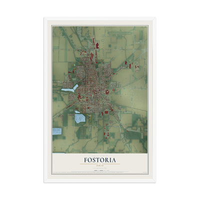 Map of Fostoria, Ohio, 12 x 18 inch print in a white wood frame