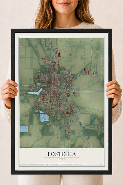 Map of Fostoria, Ohio, 18 x 24 inch print in a black wood frame