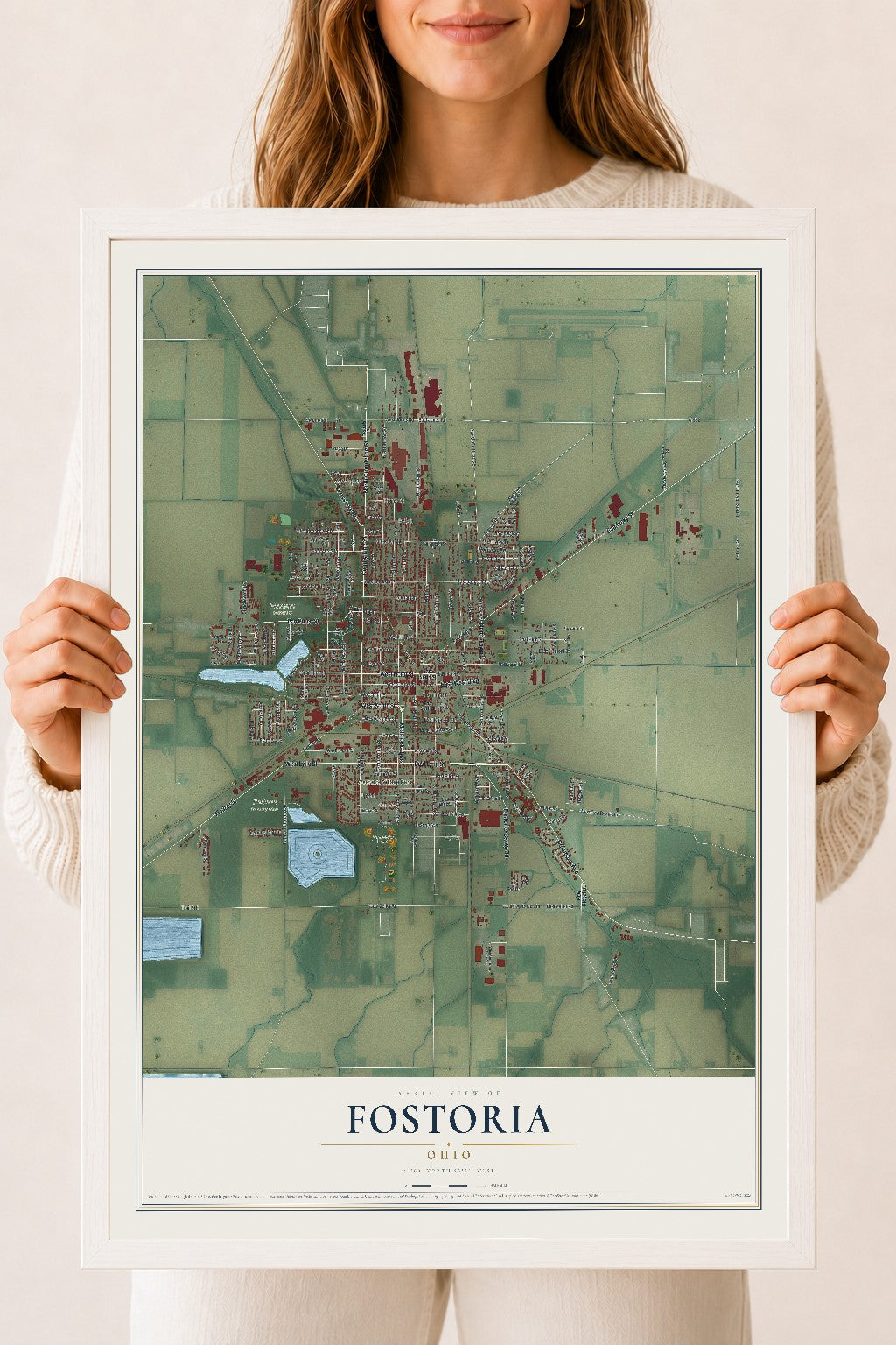 Map of Fostoria, Ohio, 18 x 24 inch print in a white wood frame