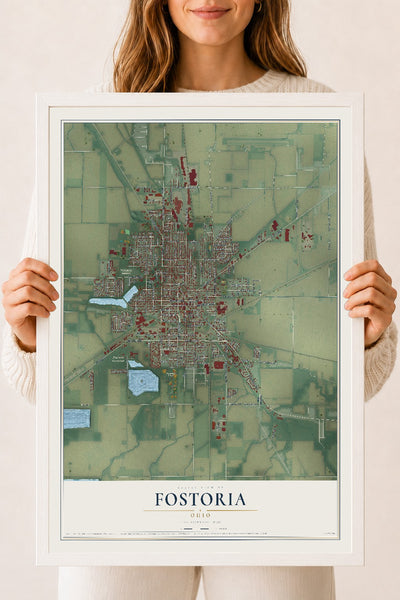 Map of Fostoria, Ohio, 18 x 24 inch print in a white wood frame