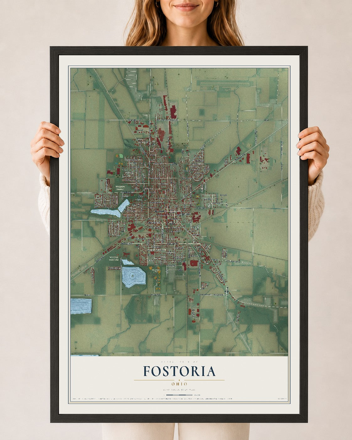 Map of Fostoria, Ohio, 24 x 36 inch print in a black wood frame