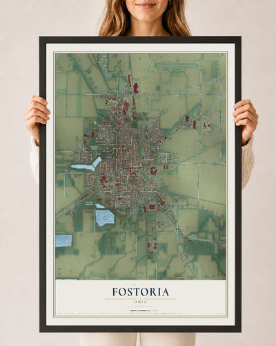 Map of Fostoria, Ohio, 24 x 36 inch print in a black wood frame
