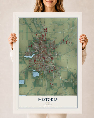 Map of Fostoria, Ohio, 24 x 36 inch print in a white wood frame