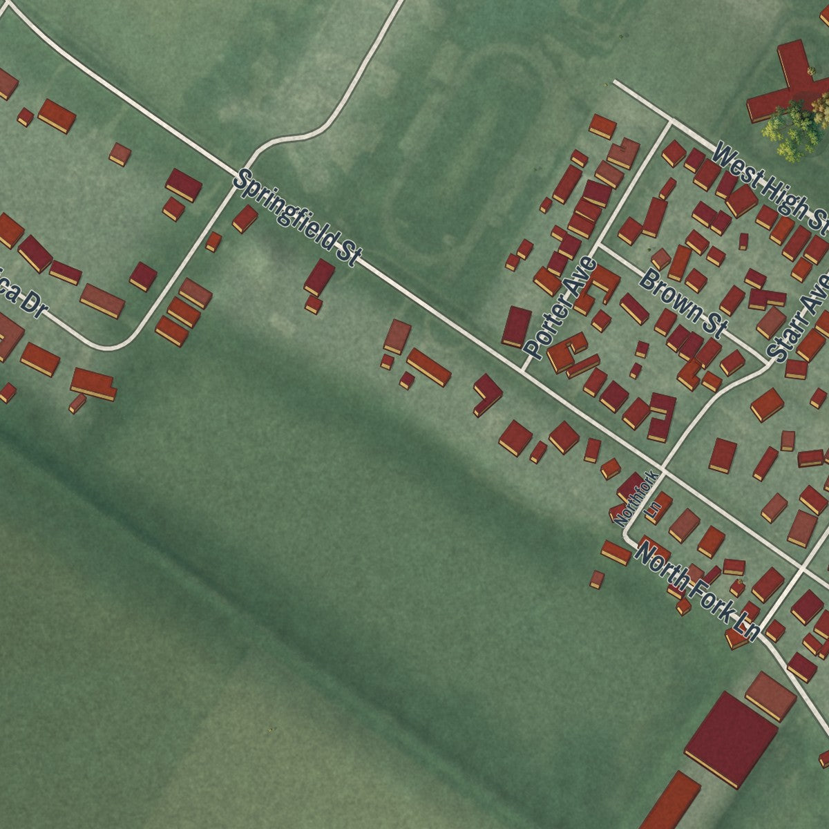 Second close-up of the map of Frankfort, Ohio print showing more streets and buildings
