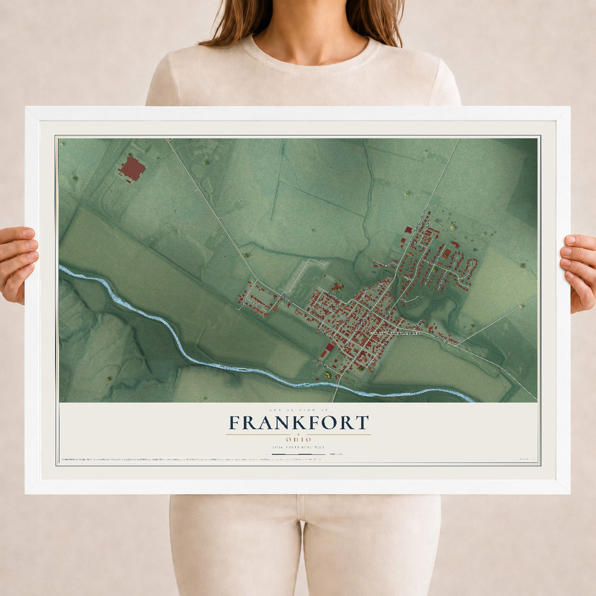 Map of Frankfort, Ohio, 18 x 24 inch print in a white wood frame
