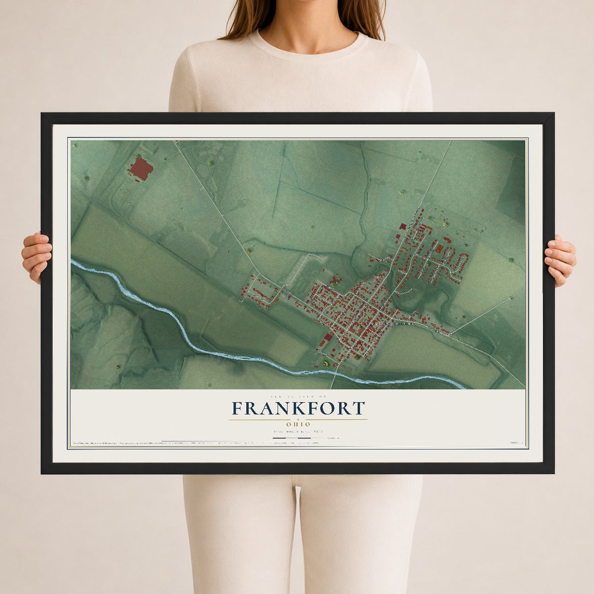 Map of Frankfort, Ohio, 24 x 36 inch print in a black wood frame