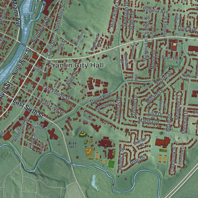 Close-up of the map of Franklin, Ohio print showing street and building detail