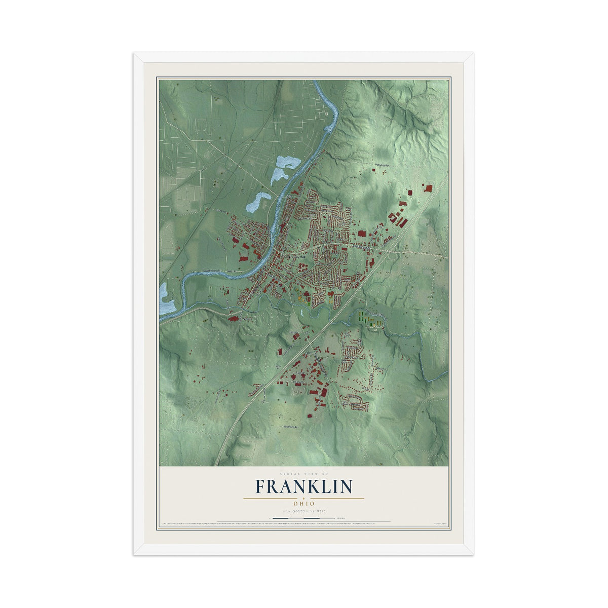 Map of Franklin, Ohio, 12 x 18 inch print in a white wood frame