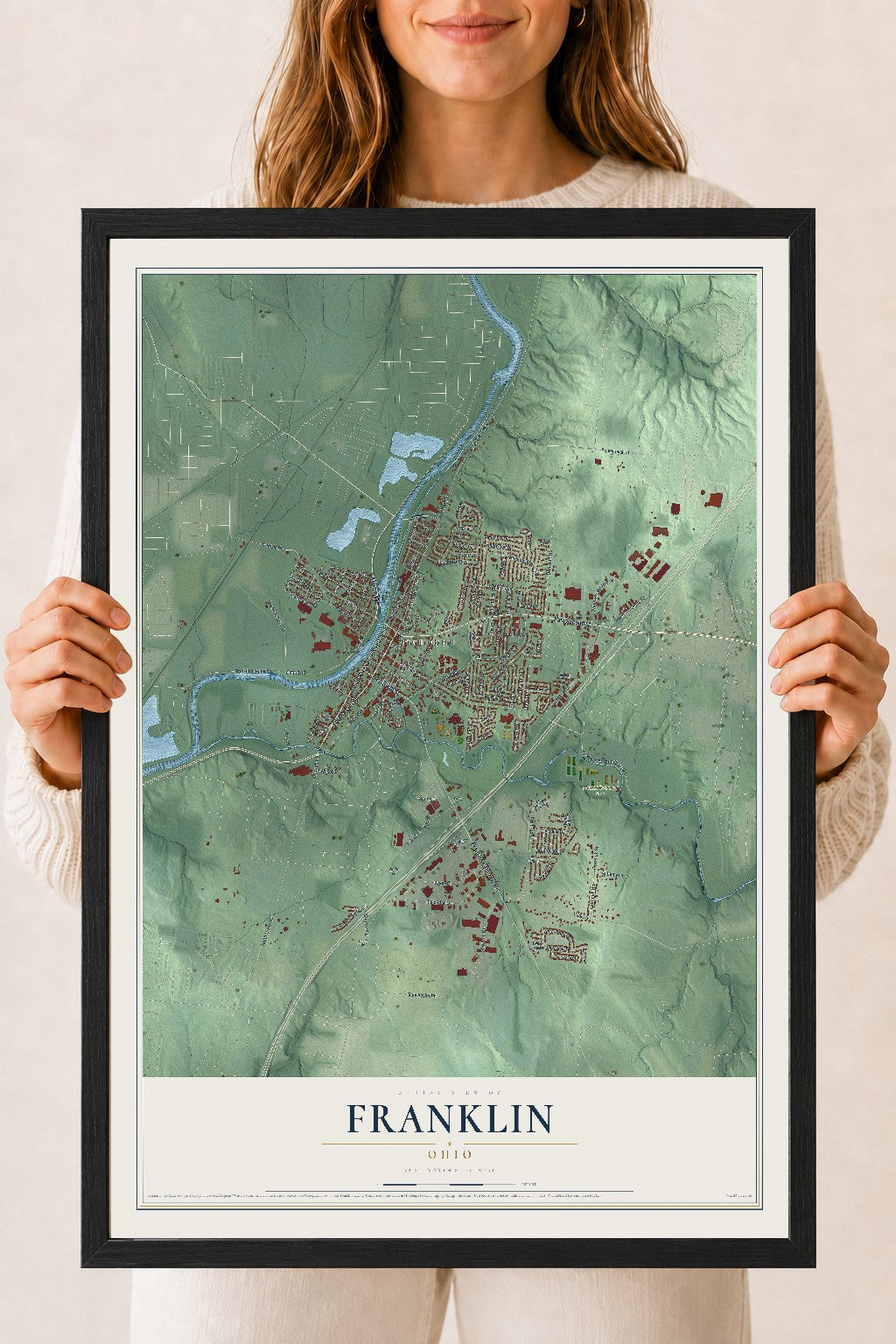 Map of Franklin, Ohio, 18 x 24 inch print in a black wood frame