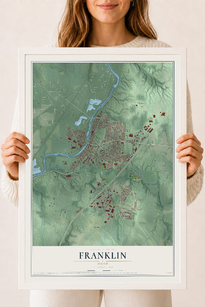Map of Franklin, Ohio, 18 x 24 inch print in a white wood frame