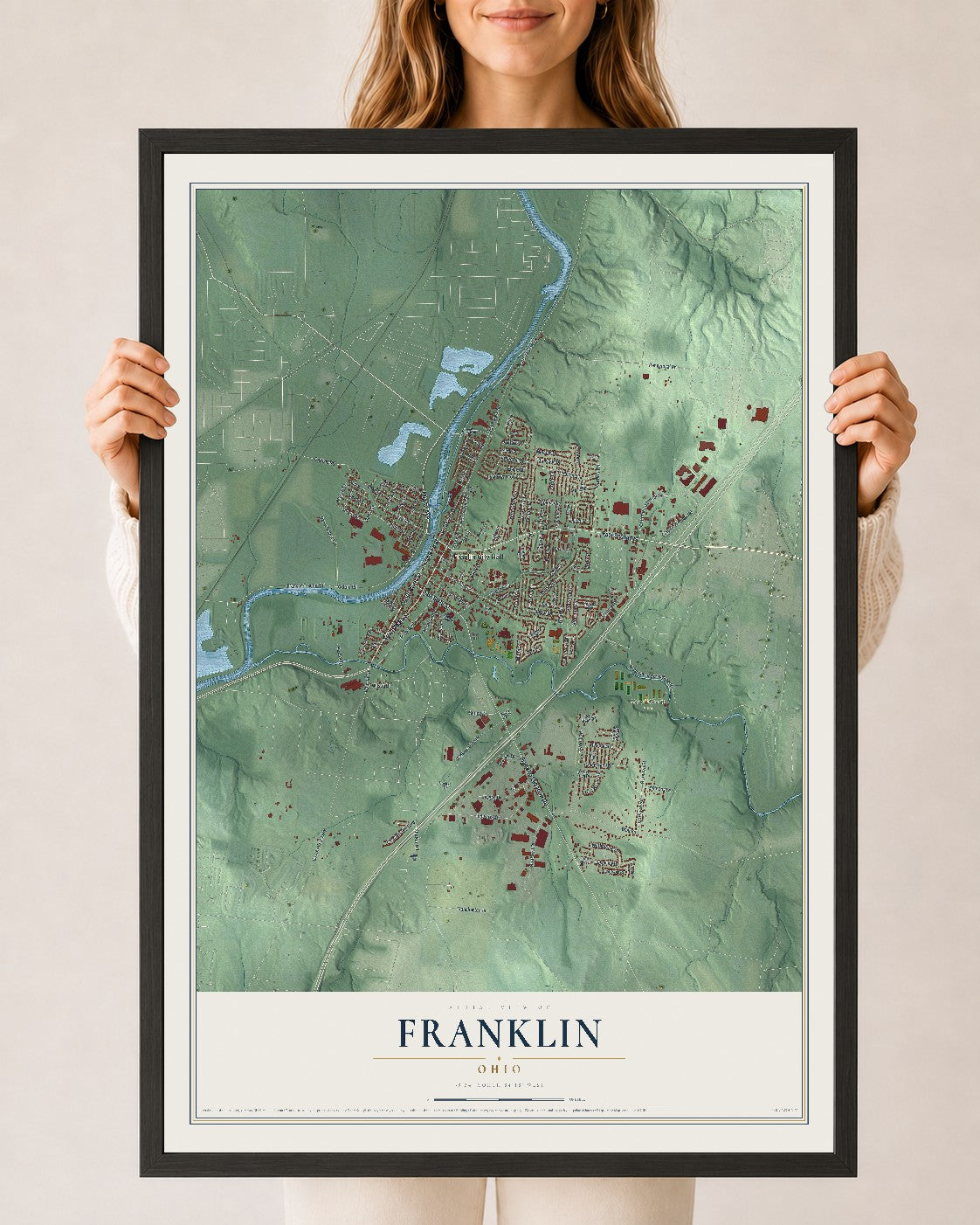 Map of Franklin, Ohio, 24 x 36 inch print in a black wood frame
