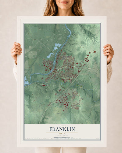 Map of Franklin, Ohio, 24 x 36 inch print in a white wood frame