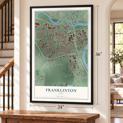 Franklinton, Ohio map, 24 x 36 inch print in a black frame by a staircase