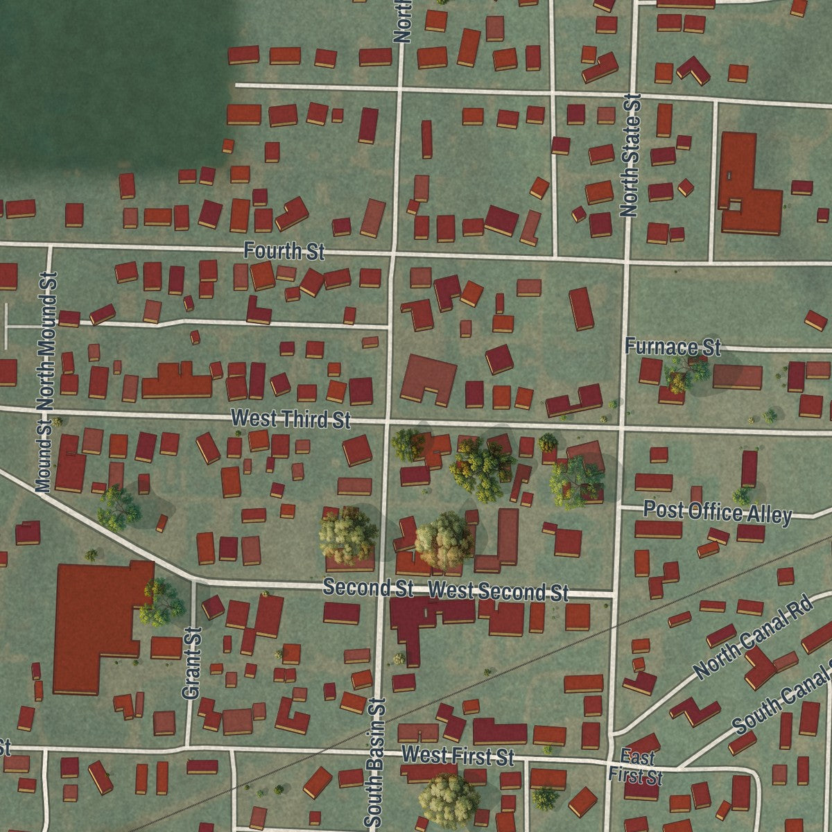 Close-up of the map of Frazeysburg, Ohio print showing street and building detail