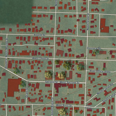Close-up of the map of Frazeysburg, Ohio print showing street and building detail