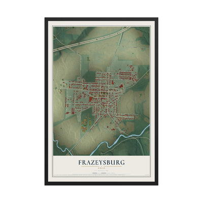 Map of Frazeysburg, Ohio, 12 x 18 inch print in a black wood frame