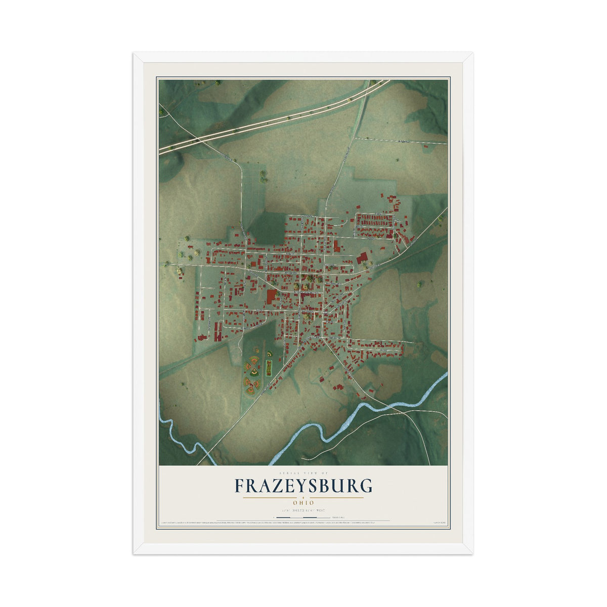 Map of Frazeysburg, Ohio, 12 x 18 inch print in a white wood frame