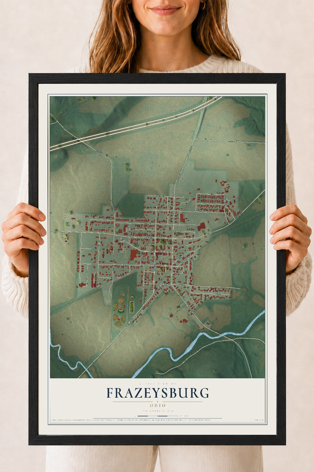 Map of Frazeysburg, Ohio, 18 x 24 inch print in a black wood frame