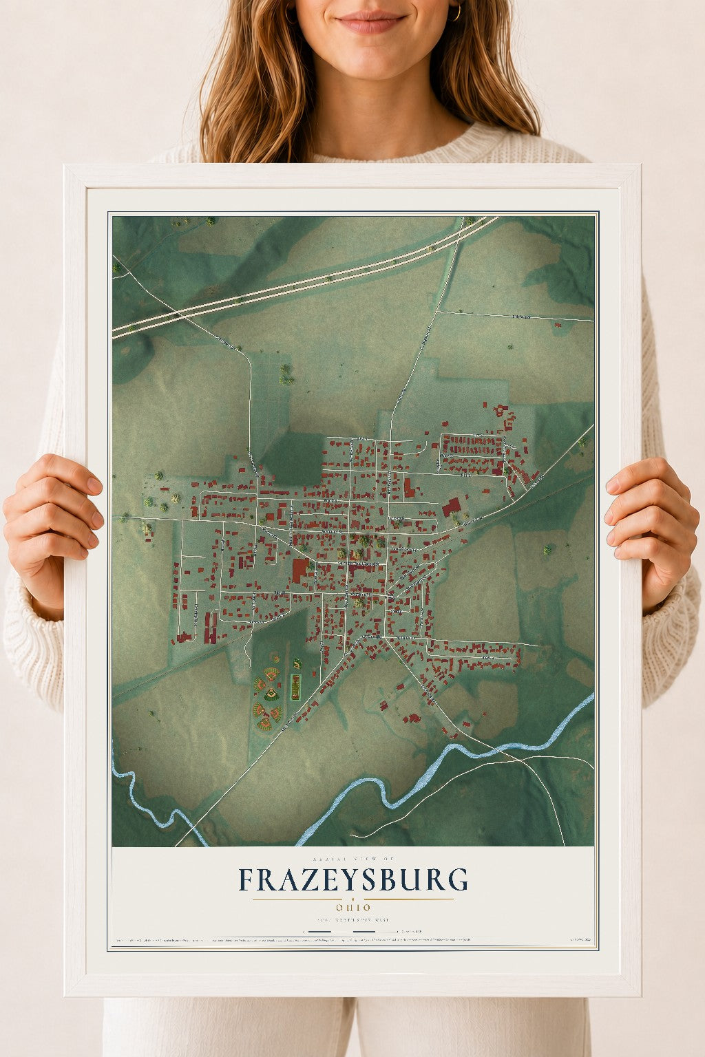Map of Frazeysburg, Ohio, 18 x 24 inch print in a white wood frame