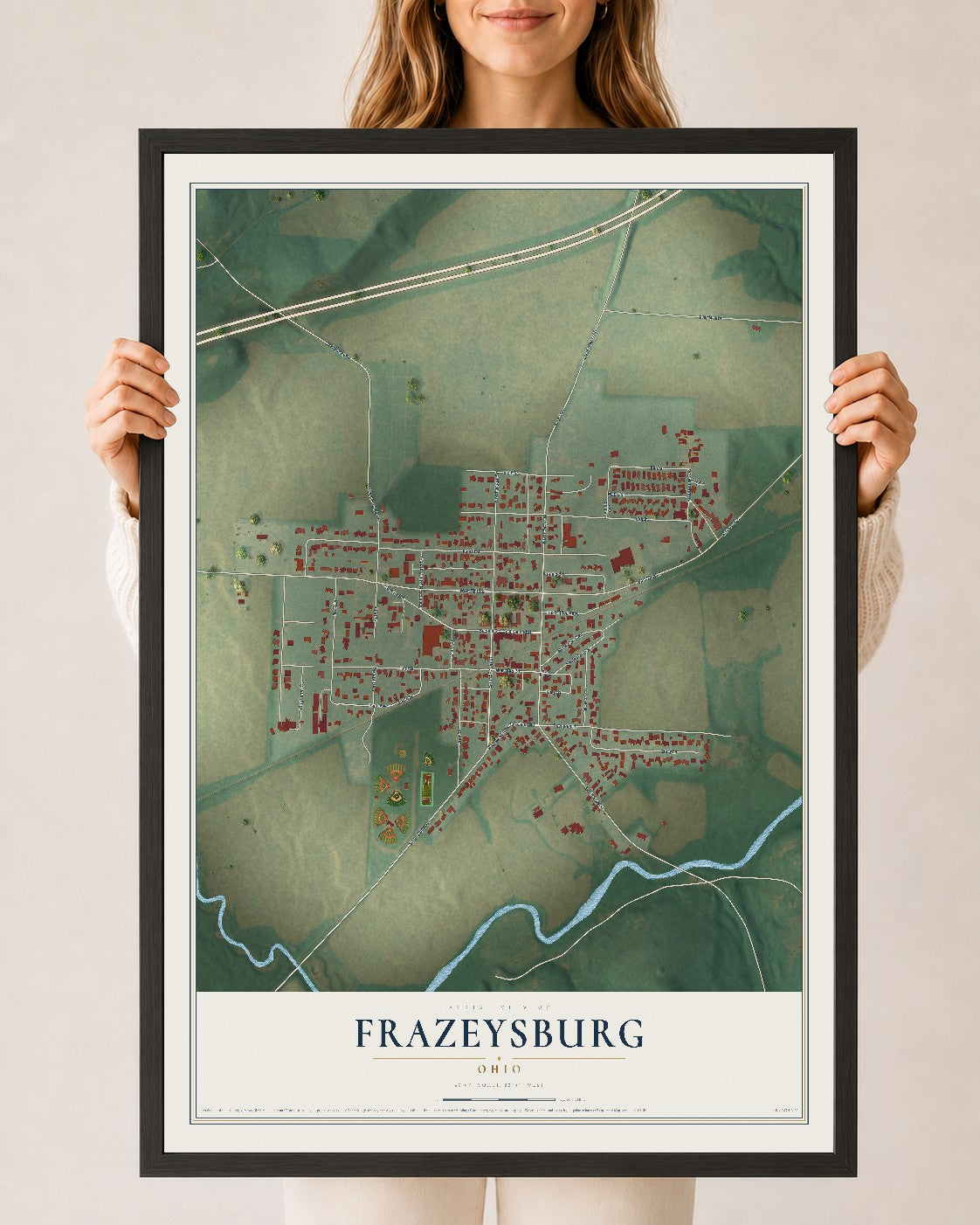 Map of Frazeysburg, Ohio, 24 x 36 inch print in a black wood frame