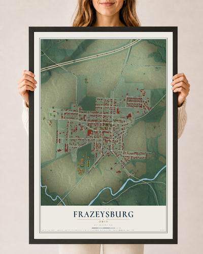 Map of Frazeysburg, Ohio, 24 x 36 inch print in a black wood frame