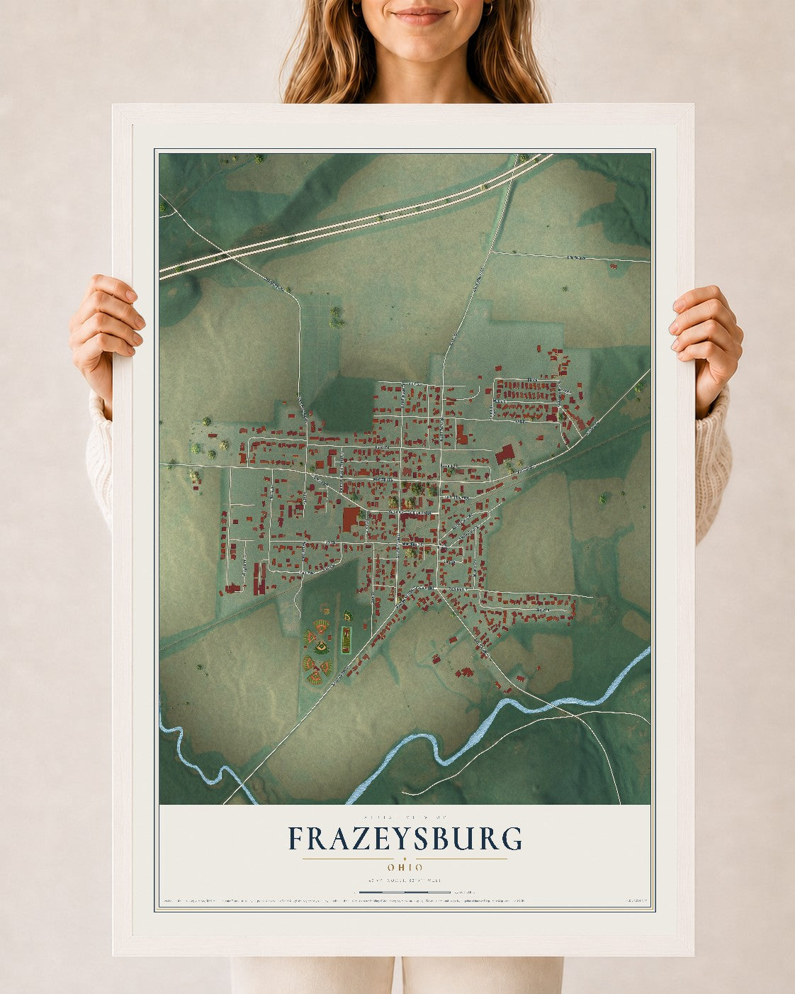 Map of Frazeysburg, Ohio, 24 x 36 inch print in a white wood frame