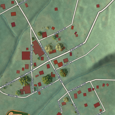 Close-up of the map of Fredericksburg, Ohio print showing street and building detail