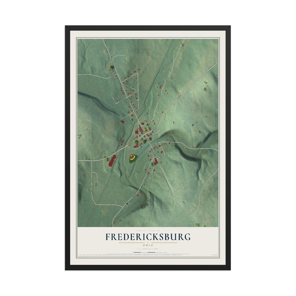 Map of Fredericksburg, Ohio, 12 x 18 inch print in a black wood frame
