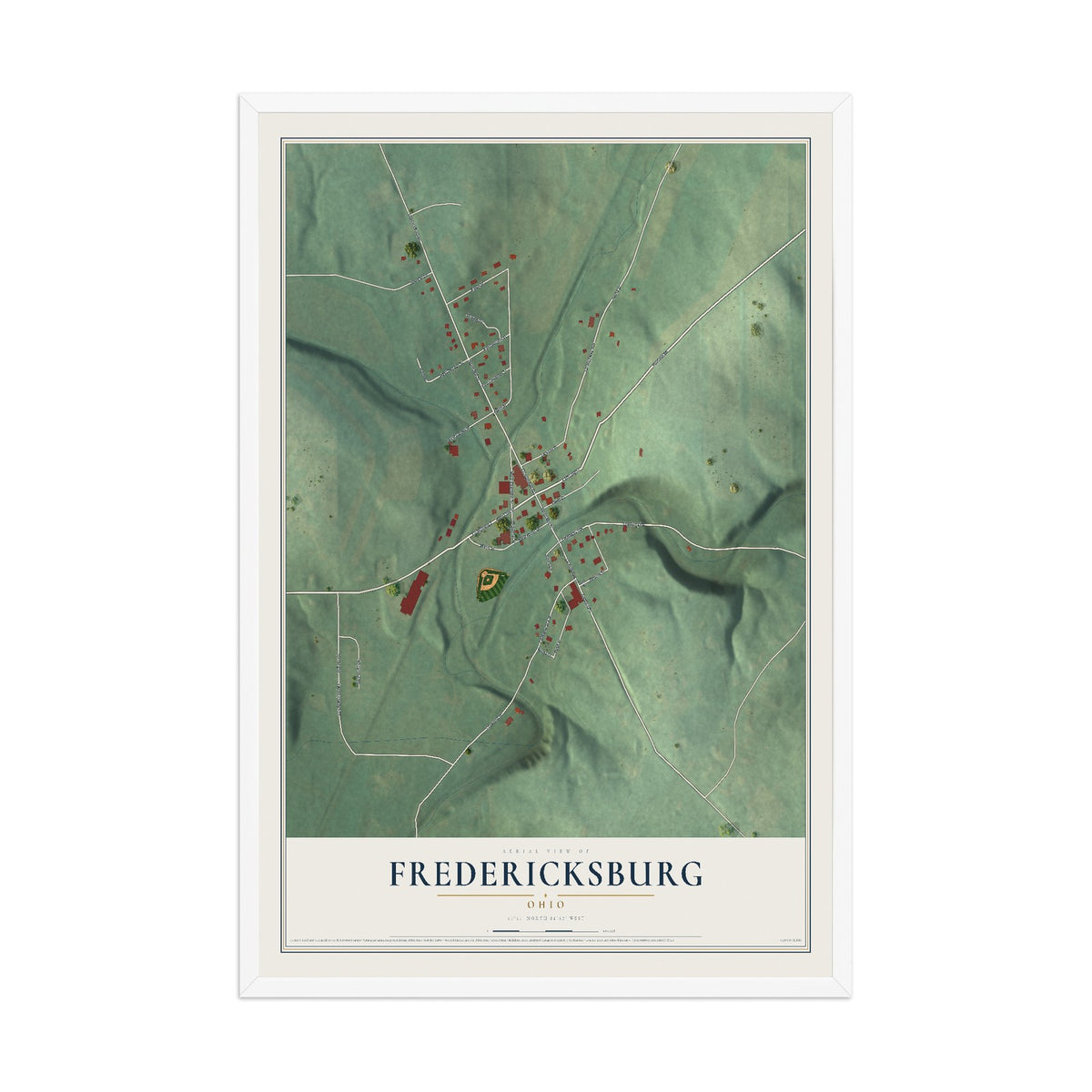 Map of Fredericksburg, Ohio, 12 x 18 inch print in a white wood frame