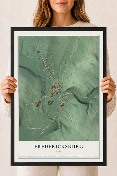 Map of Fredericksburg, Ohio, 18 x 24 inch print in a black wood frame