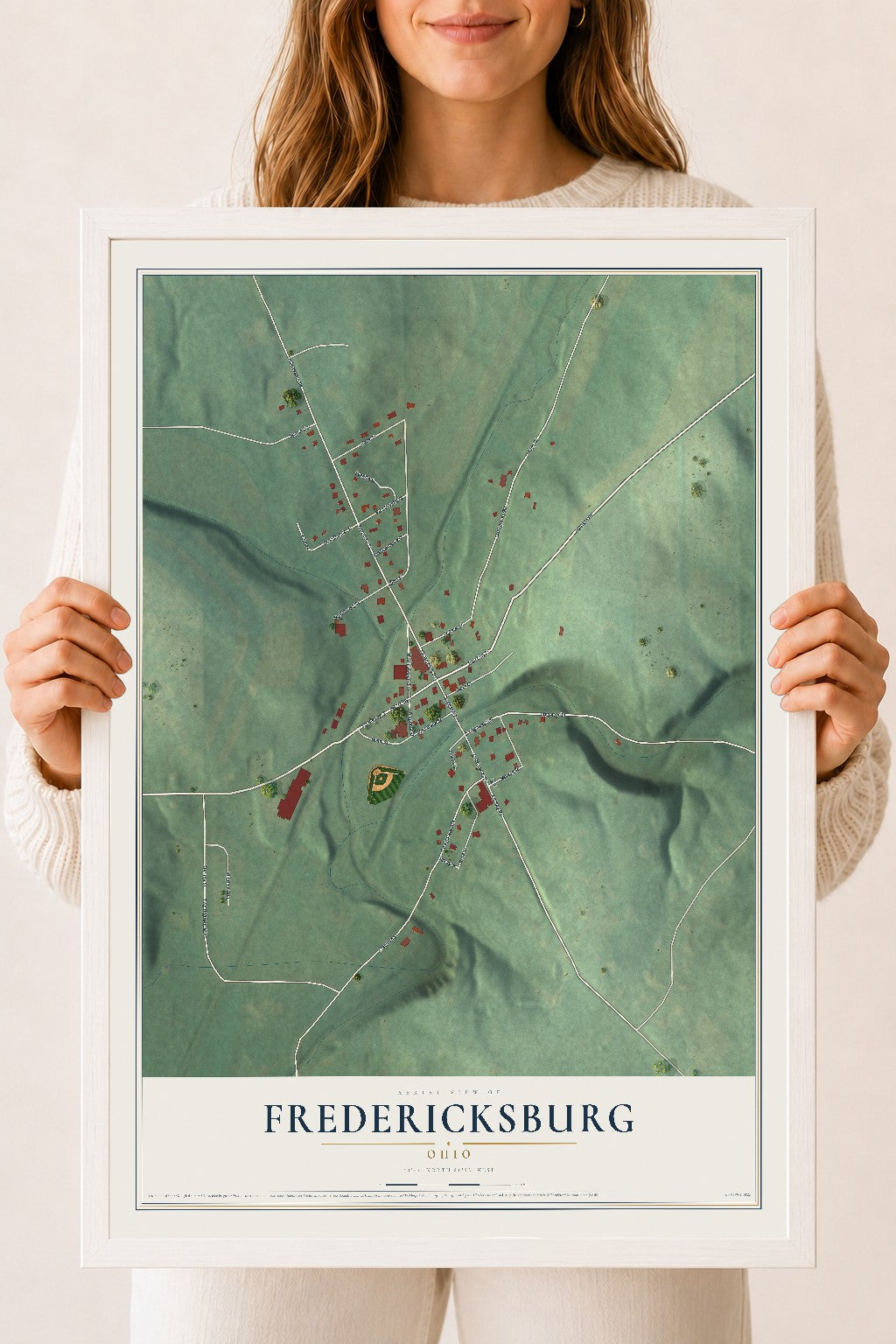 Map of Fredericksburg, Ohio, 18 x 24 inch print in a white wood frame