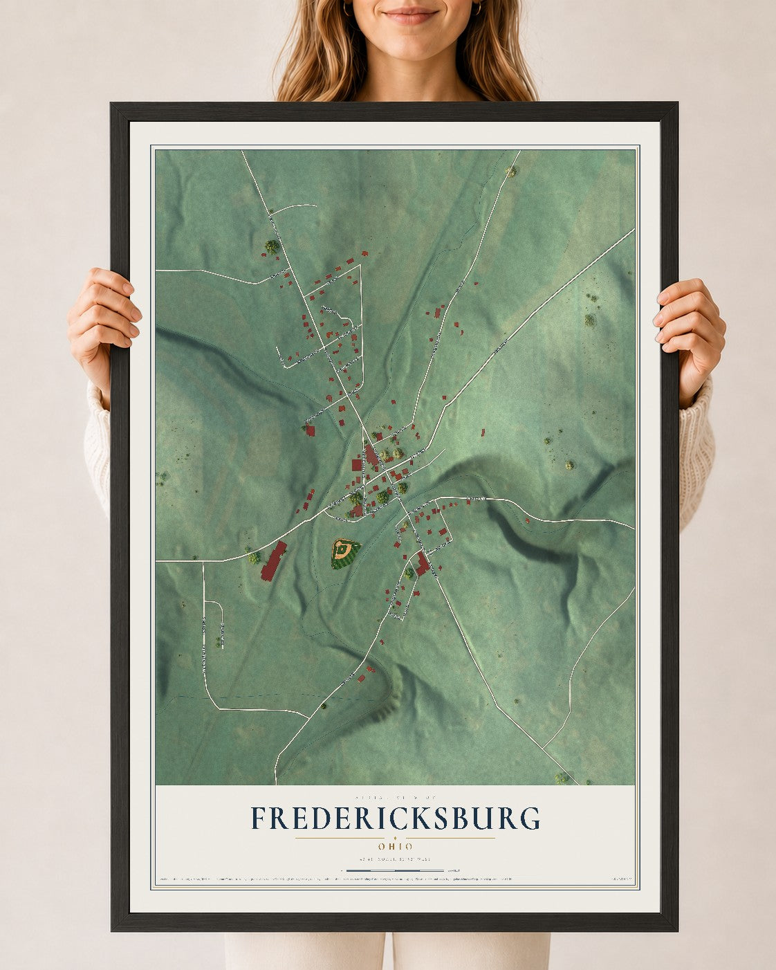 Map of Fredericksburg, Ohio, 24 x 36 inch print in a black wood frame