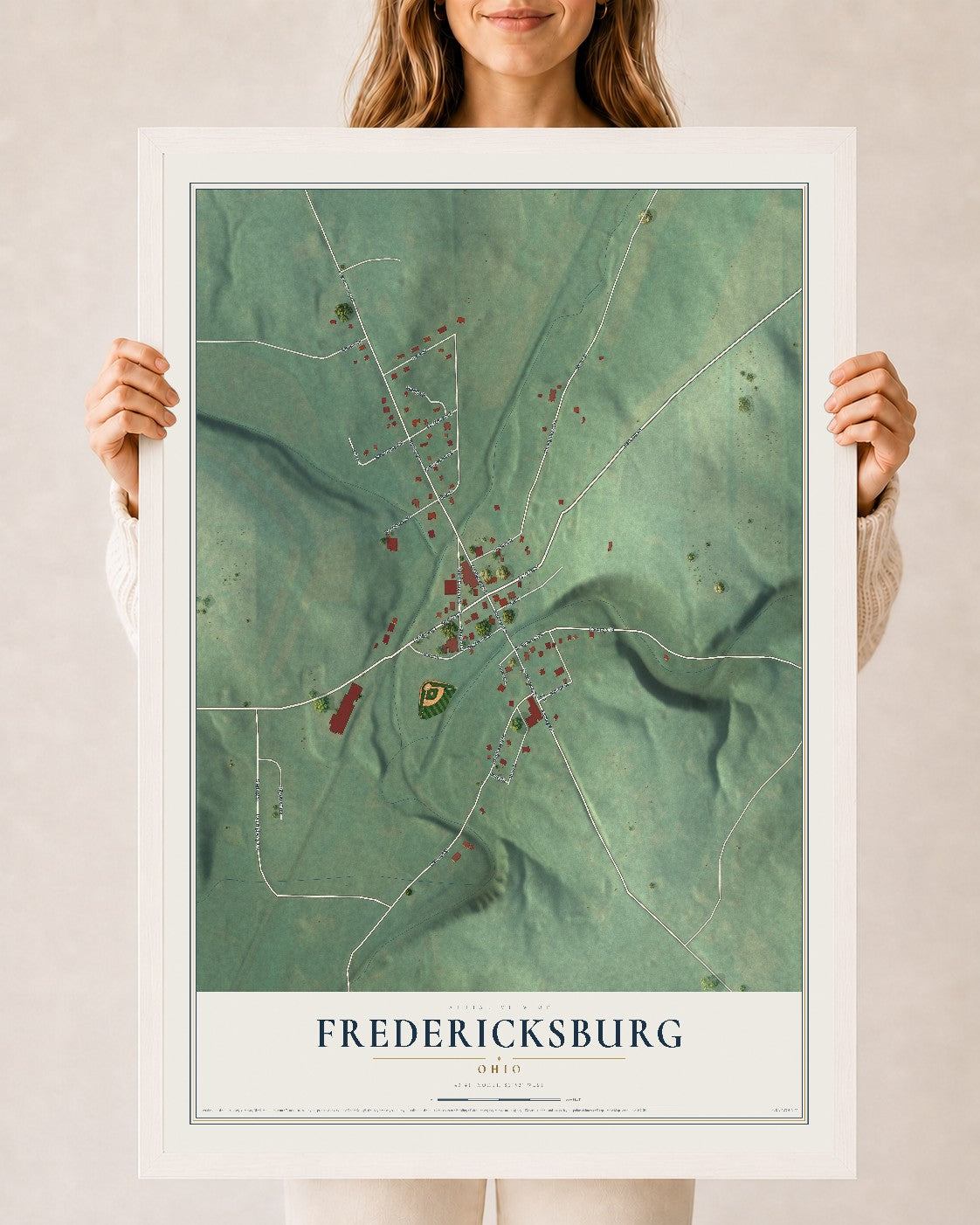 Map of Fredericksburg, Ohio, 24 x 36 inch print in a white wood frame
