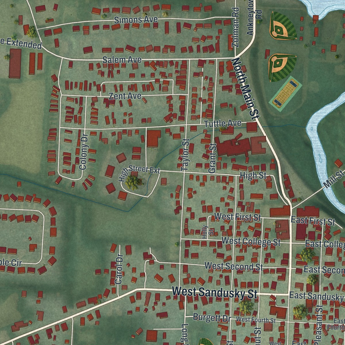 Close-up of the map of Fredericktown, Ohio print showing street and building detail
