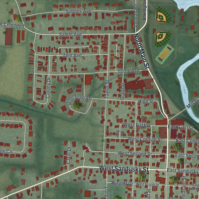 Close-up of the map of Fredericktown, Ohio print showing street and building detail