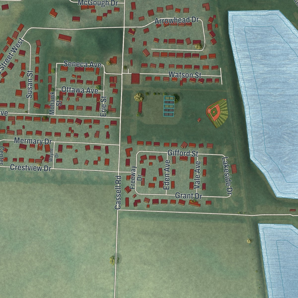 Second close-up of the map of Fredericktown, Ohio print showing more streets and buildings