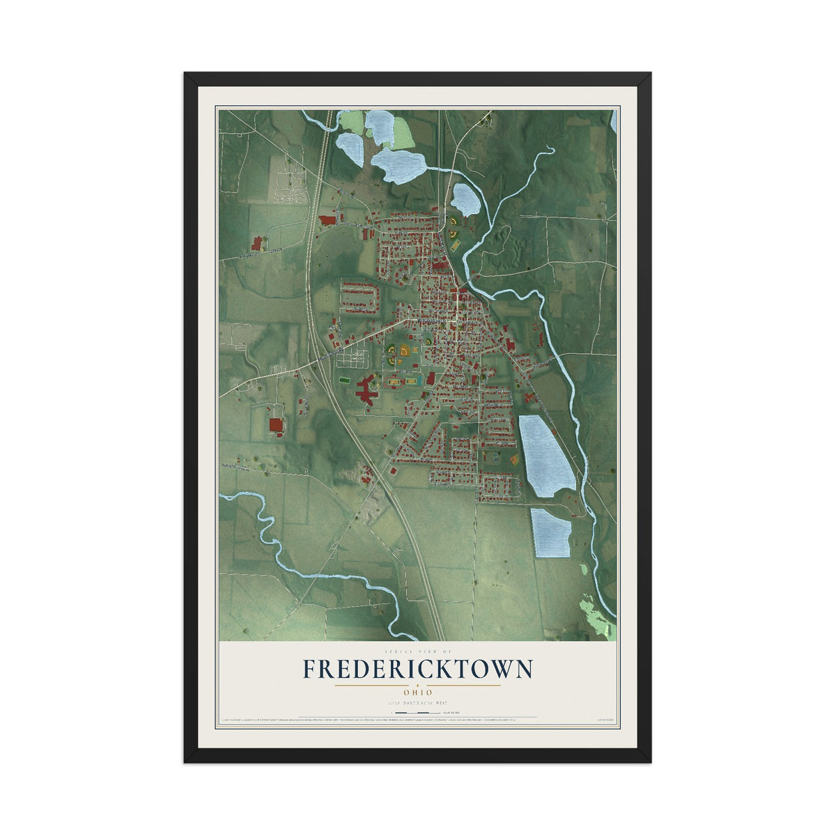 Map of Fredericktown, Ohio, 12 x 18 inch print in a black wood frame
