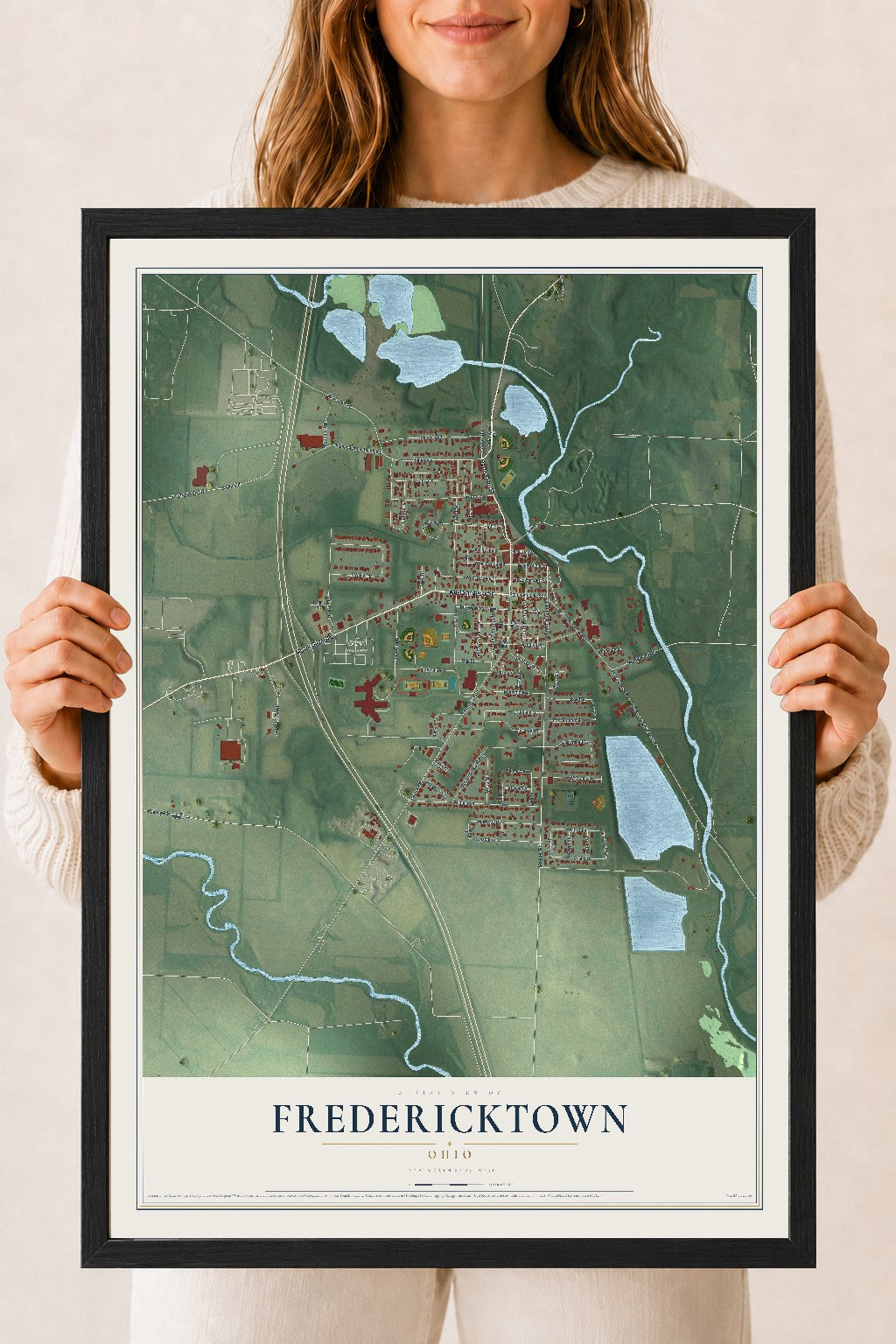 Map of Fredericktown, Ohio, 18 x 24 inch print in a black wood frame