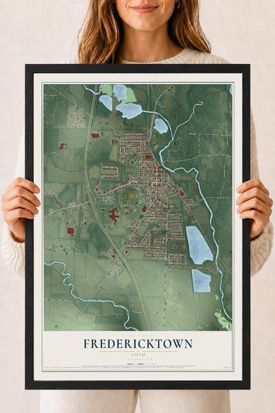 Map of Fredericktown, Ohio, 18 x 24 inch print in a black wood frame