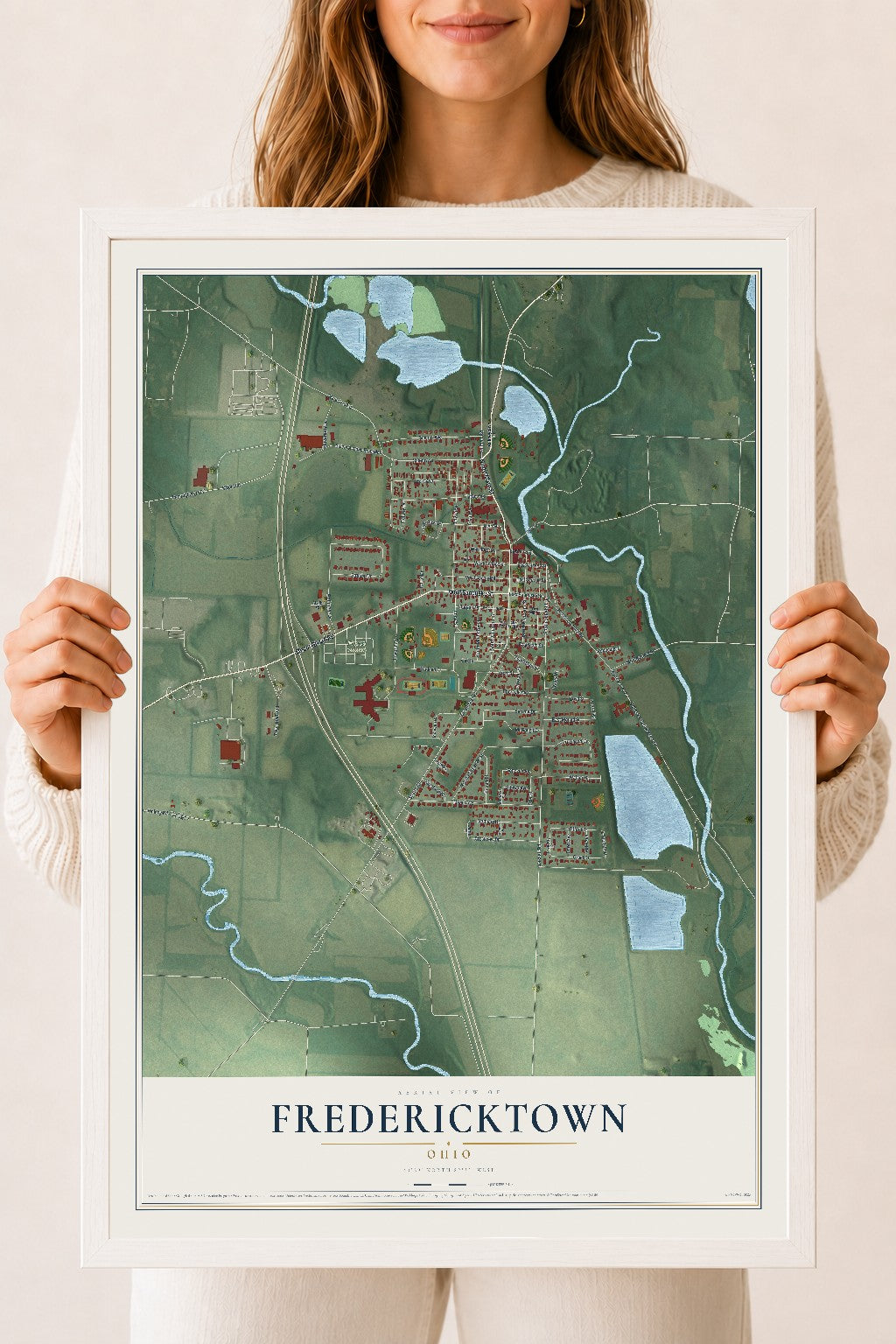 Map of Fredericktown, Ohio, 18 x 24 inch print in a white wood frame