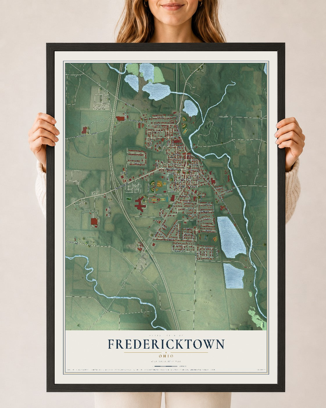 Map of Fredericktown, Ohio, 24 x 36 inch print in a black wood frame