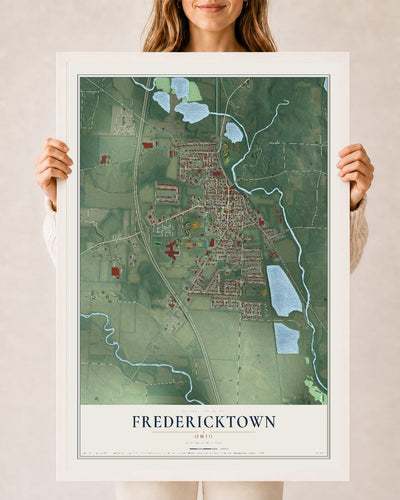 Map of Fredericktown, Ohio, 24 x 36 inch print in a white wood frame