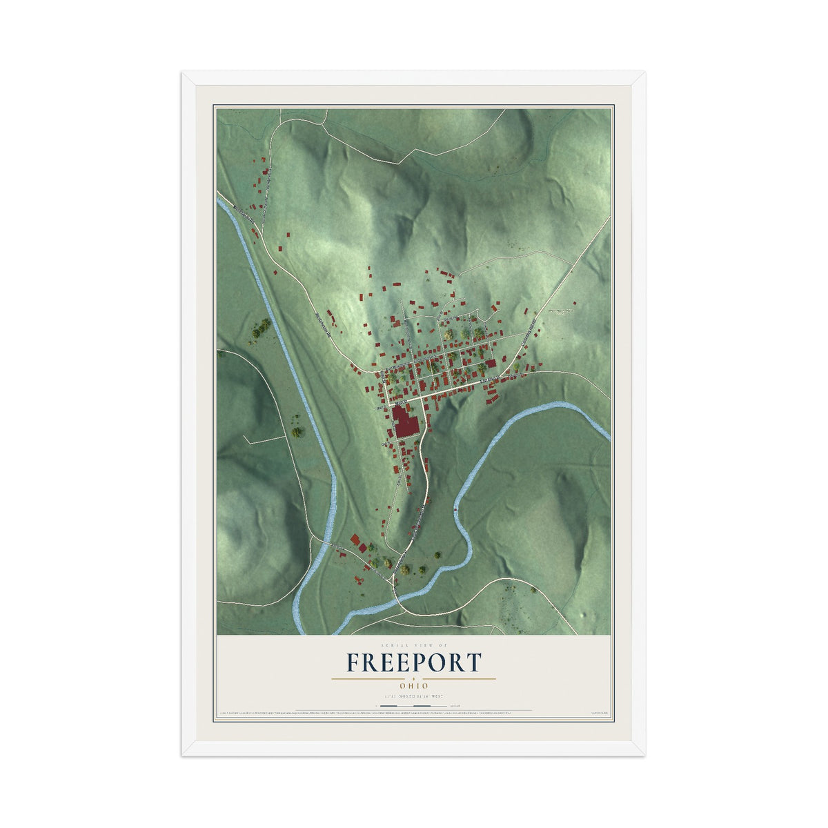 Map of Freeport, Ohio, 12 x 18 inch print in a white wood frame